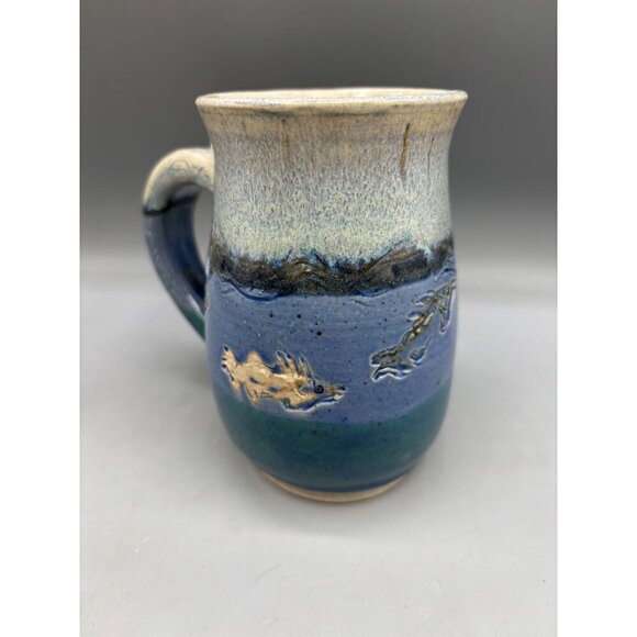Handmade Artisan Ceramic Mug Fish‎ Ocean Blue Pottery - Picture 4 of 8